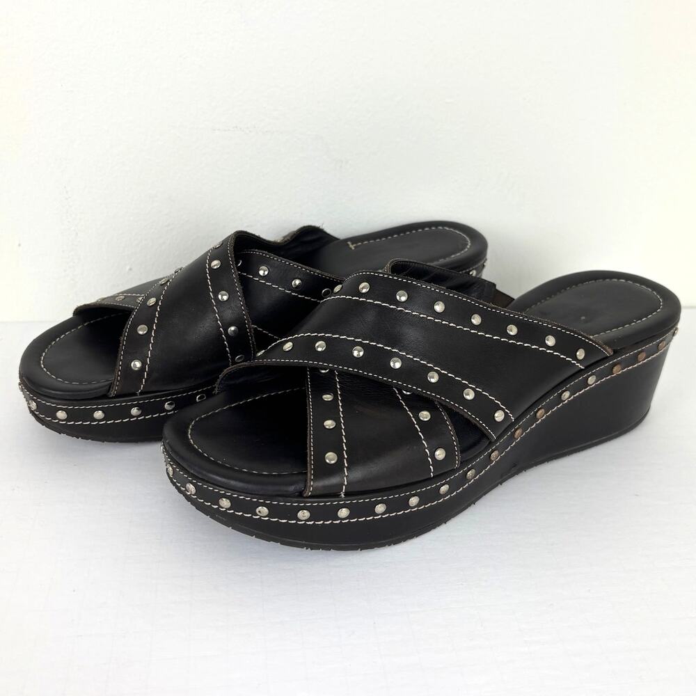 Brown Leather Platform Slides Sandals Studded Y2K Donald J Pliner 8.5 M Brown